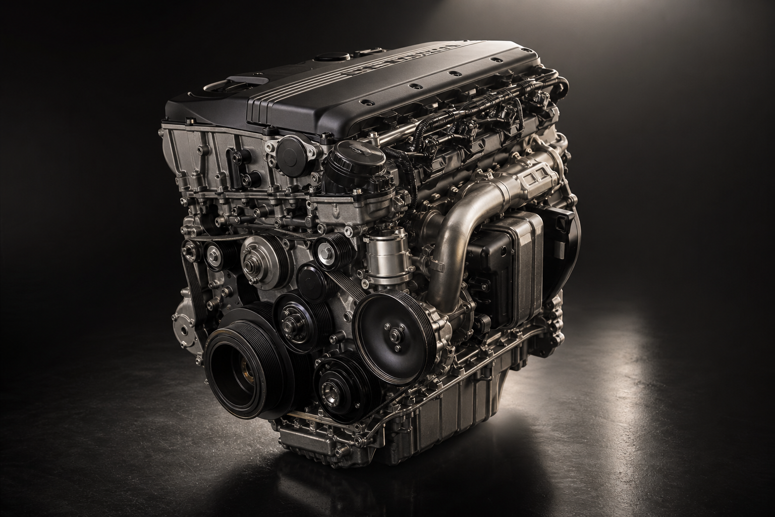Premium BMW N57 six-cylinder diesel engine in showroom light