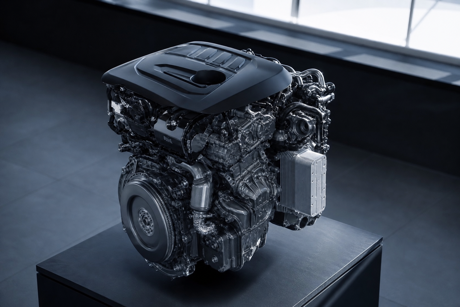 Modern Euro 6 BMW diesel engine on a dark luxury plinth