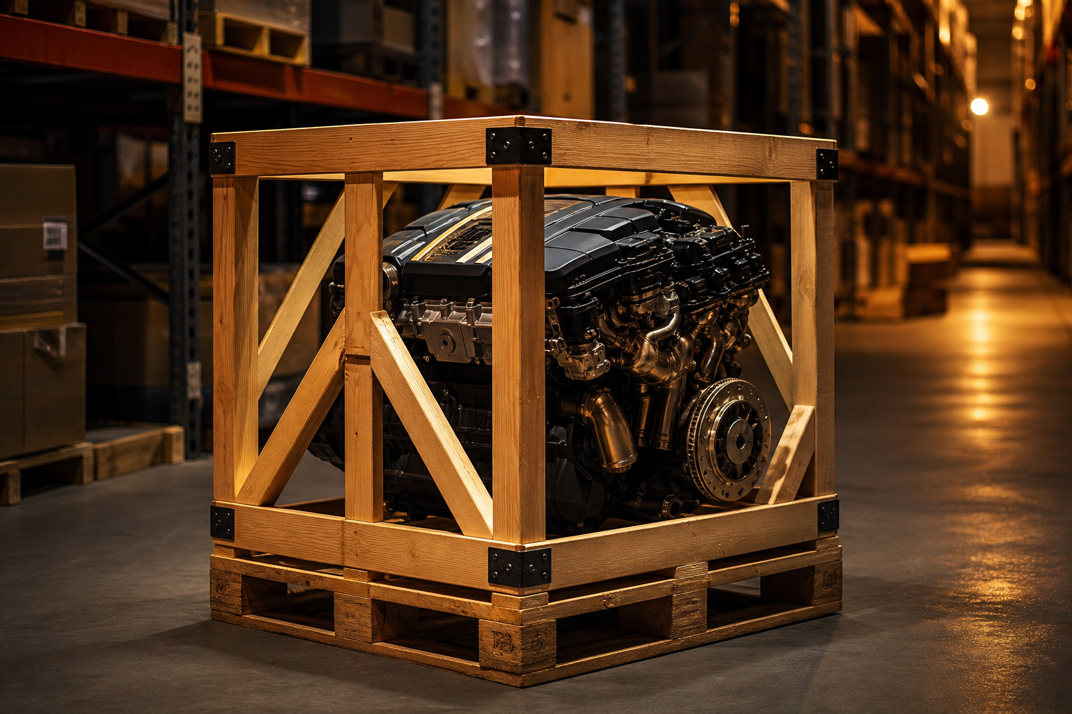 Crated BMW engine ready for worldwide doorstep shipping from Hamburg